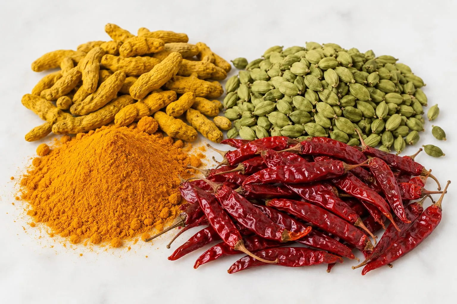 Whole dried turmeric fingers and a mound of ground turmeric, beside green cardamom pods and dried red chillies, on a pale marble surface