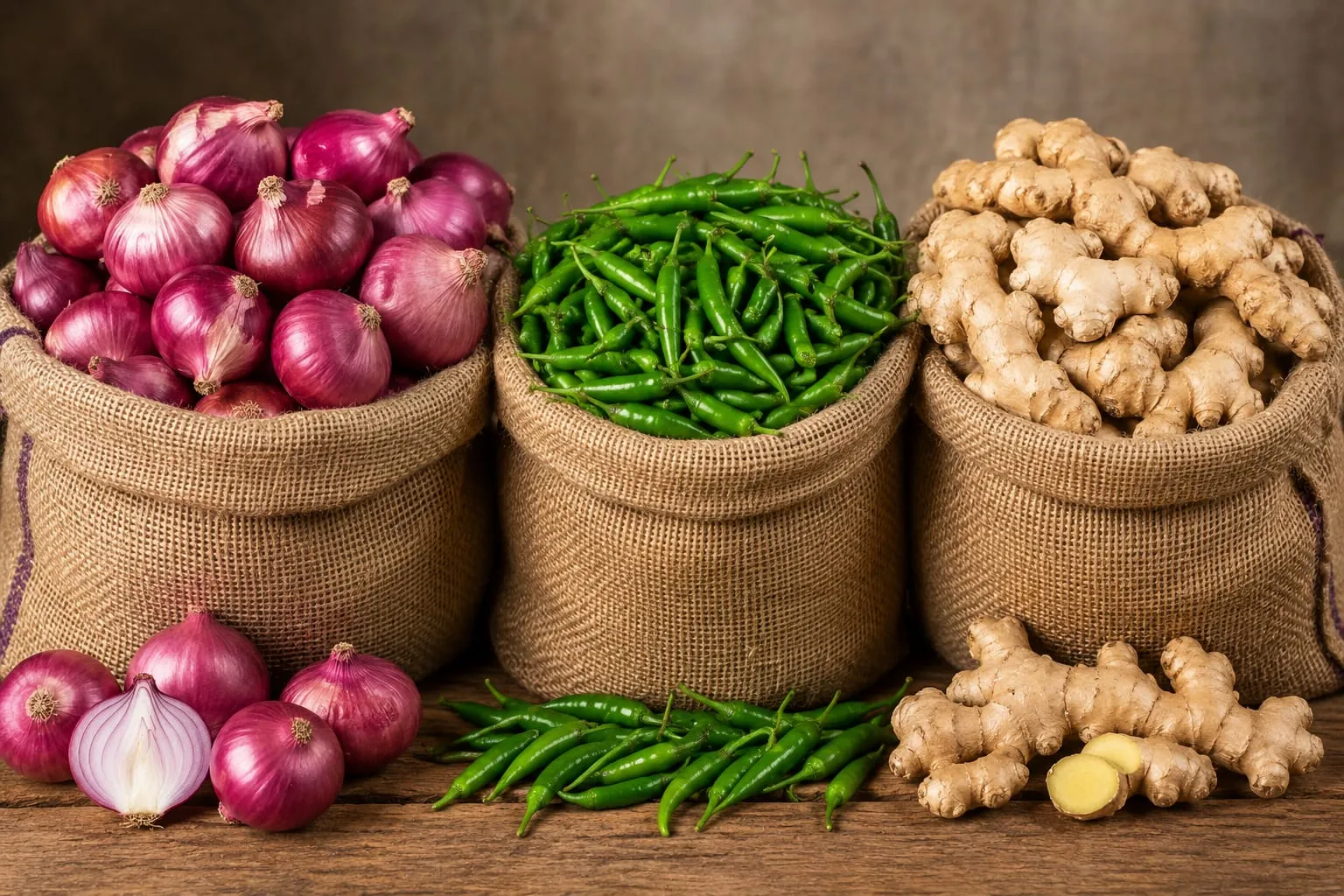Three jute sacks on a wooden table holding red onions, fresh green chillies and raw ginger rhizomes, with more of each in front of them