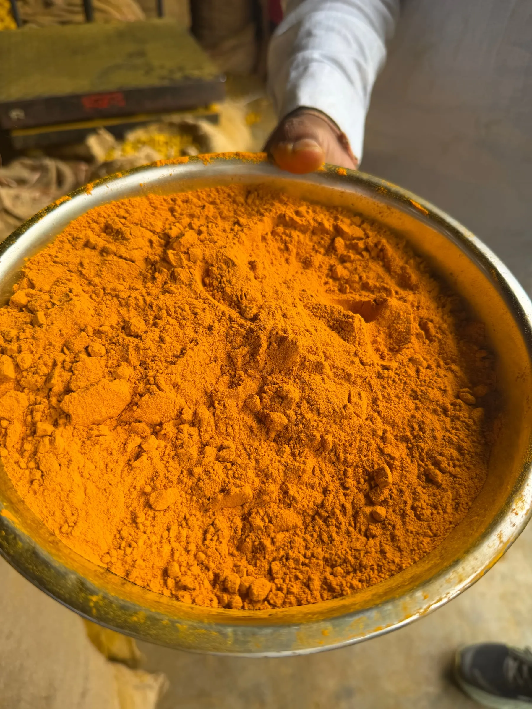 A steel tray of freshly ground turmeric powder held up to the camera, with the grinding equipment behind